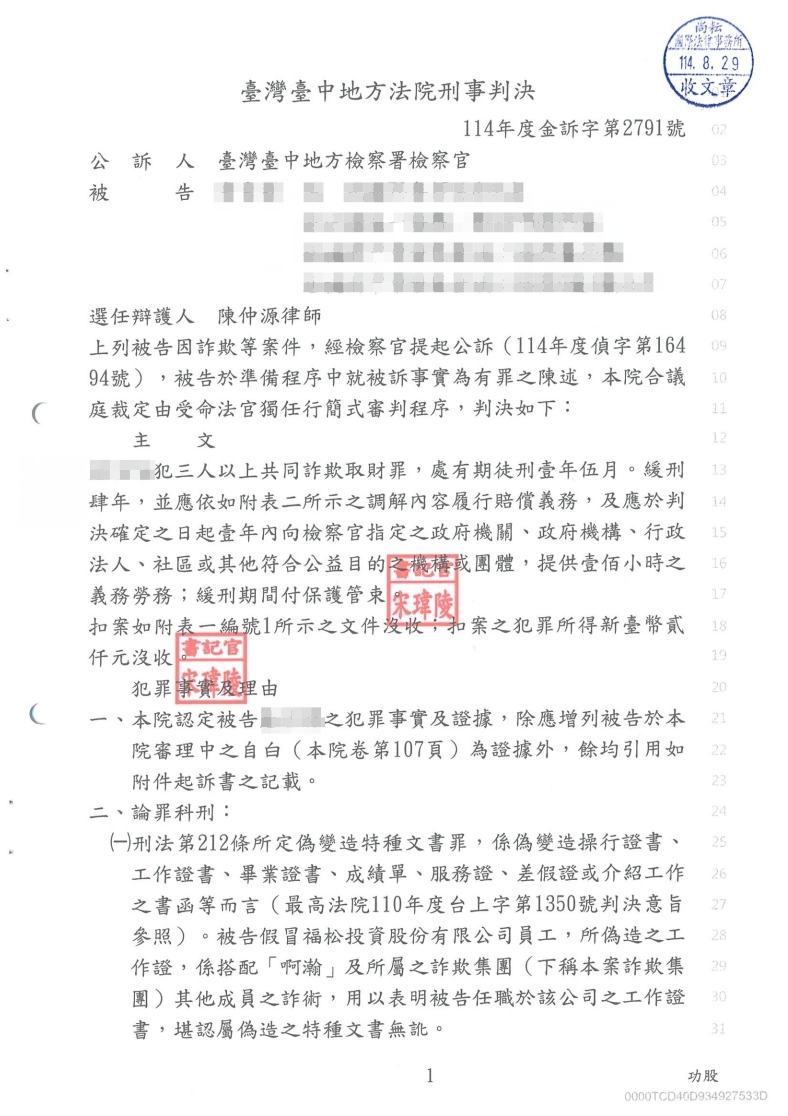 詐欺・偽造文書 緩刑(已塗黑當事人資訊)