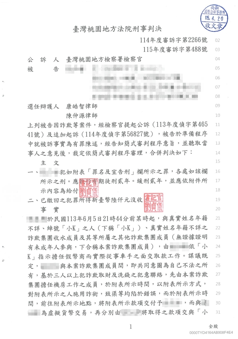 詐欺案 緩刑(已塗黑當事人資訊)